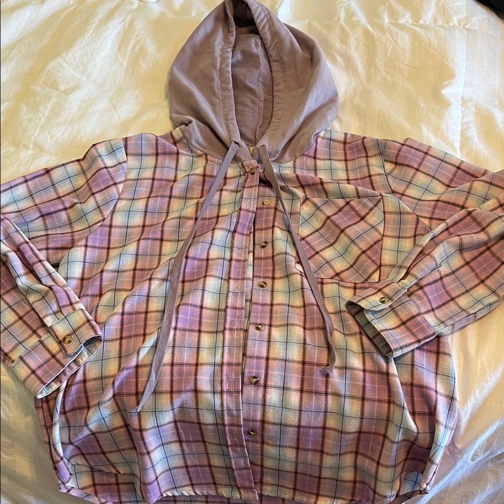 Women’s purple plaid shirt with hood.